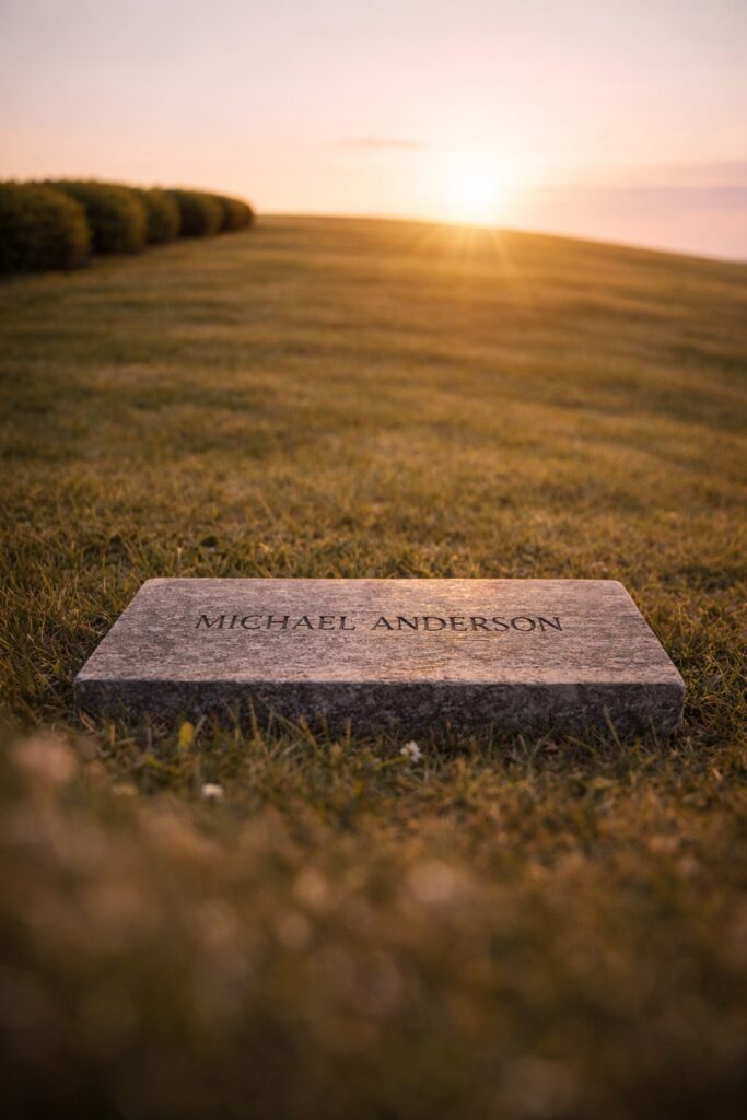 Memorial headstone on a grassy hillside at sunset